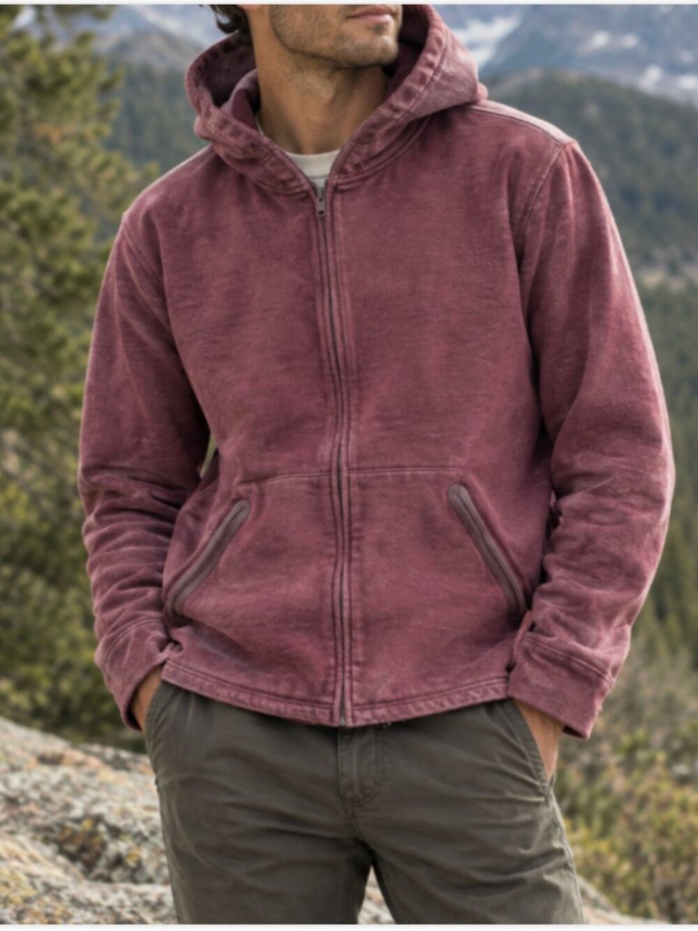 REI Men's Fleece Hoodie Jacket Size L Rust Full Zip Organic Cotton Outdoor